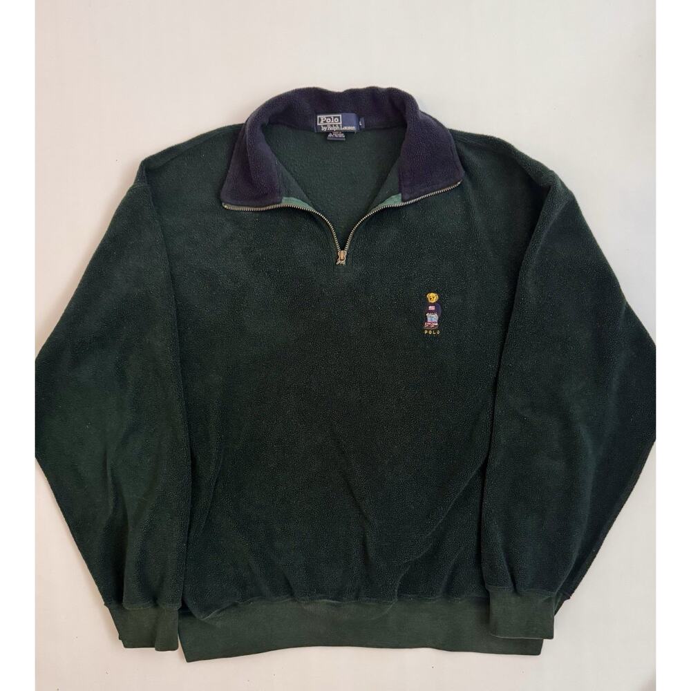 Polo Ralph Lauren Bear Fleece 1/4 Zip Pullover Mens L Green Sweatshirt READ